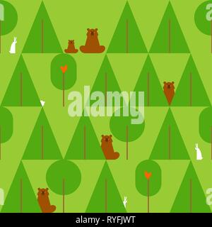 Wald Muster Nahtlose. Bär und Hase. Bäume und Tiere Hintergrund. Baby Fabric Textur Stock Vektor