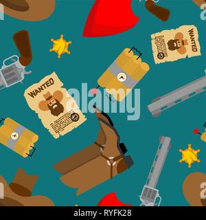 Cowboy Muster nahtlose. Hut und Stiefel. westlichen Hintergrund. Wild West Schuhe und Taschentuch. Gewehr und Sheriff Stern Stock Vektor