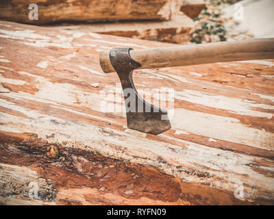Baustelle. Ax gehaftet in einem Log close up, Brennholz mit Ax. Bau eines hölzernen Barke. Stockfoto