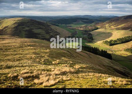 Dramatische Abendlicht leuchtenden Culter Wasser südlich von Biggar in den Scottish Borders, die fernen Pentland Hills in der Nähe von Edinburgh gesehen werden kann. Stockfoto