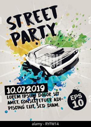 Straßenfest Plakat mit Muscle Car und transparenten Aquarell Spritzer im Hintergrund. Vector Illustration. Stock Vektor