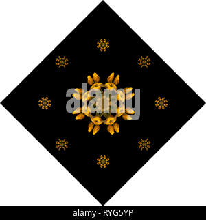 Fine Art Floral dekorative und symmetrische Muster Farbe/Dekor/Schmuck/Mandala aus Makros von Gelb Grün Tulpen auf Schwarz und Weiß Hintergrund Stockfoto