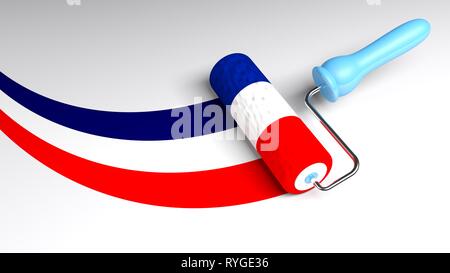 Roller Pinsel eine weiße Fläche, die Farben der französischen Flagge - 3D Rendering illustration Stockfoto