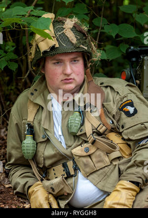 Woodhall Spa 1940 Festival - Porträt eines amerikanischen Soldaten aus 82 Airborne Diviasion des 2. Weltkrieges Stockfoto