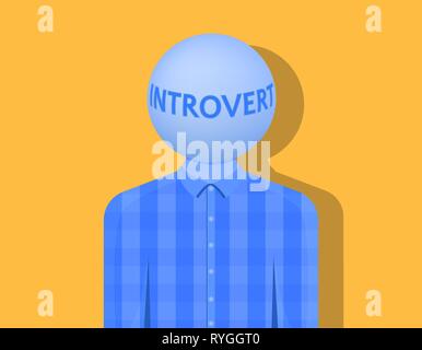 Ein Mann mit einem Ball statt eines Kopfes, der Inschrift introvertiert ist, der Schatten fällt auf ein Licht orange Hintergrund Stock Vektor