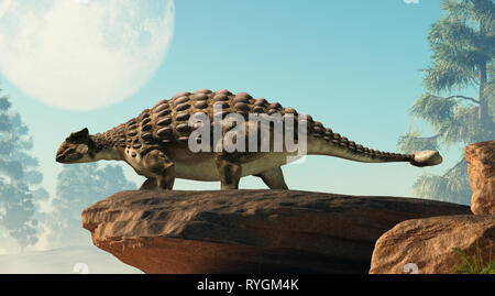 Ankylosaurus, einer der beliebtesten Dinosaurier, war ein kreidezeit ornithischian Pflanzenfresser. Die gepanzerten Dino steht im Profil auf einem Felsen auf der Suche Stockfoto