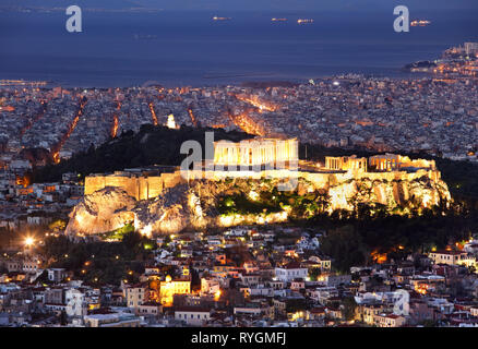 Athen - Griechenland in der Nacht, Akropolis Stockfoto