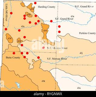 Aquatische Erhebungen und Beurteilung der Slim Buttes Region Harding und Butte Co., SD-E7B0A 490-9 C 23-4 F 66-8 B 12-C 76 B 17101 B65 Jahr: 2006. F. Grand River North Abbildung 4. Studie Standorte und Stufe IV Ökoregionen innerhalb der NGPS Slim Buttes Studie, SD. 43 a=Missouri Plateau, 43 d=bewaldeten Kuppen, 43 e=Sagebrush Steppe, 43 j=Moreau Prairie Stockfoto