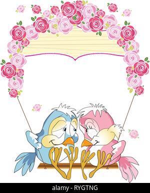 Die Abbildung zeigt ein paar lovebirds Vögel auf einer Schaukel sitzend mit Rosen dekoriert. Die Abbildung als eine lustige karte, im Comic-stil, zu SEPA Stock Vektor