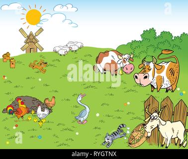 Die Abbildung zeigt den Hof und die Wiese, auf der die Nutztiere und Haustiere. Stock Vektor