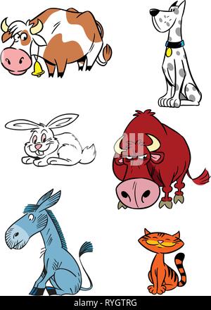 Die Abbildung zeigt einige Arten von Haus- und Nutztieren, auf einem weißen Hintergrund. Abbildung im Cartoon Stil gemacht, auf separaten Laye Stock Vektor