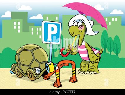 Die Abbildung zeigt eine lustige Karikatur Schildkröte. Sie auf dem Parkplatz der Shell als Transportmittel geparkt. Das Parken ist in der backgro gezeigt Stock Vektor