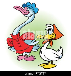 Die Abbildung zeigt zwei Enten in einem lustigen Cartoon Stil, auf separaten Ebenen. Stock Vektor
