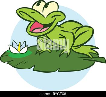 Die Abbildung zeigt eine lustige Cartoon Frosch. Sie sitzt auf einer Lilie Blatt. Stock Vektor