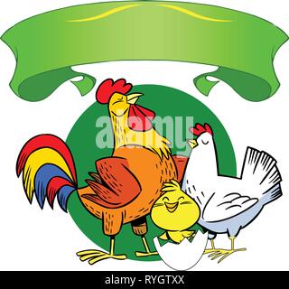 Die Abbildung zeigt die Hühner. Dies ist ein Huhn, Hahn und Küken aus dem Ei. Und es ist ein Zierband. Abbildung in Cartoon styl getan Stock Vektor