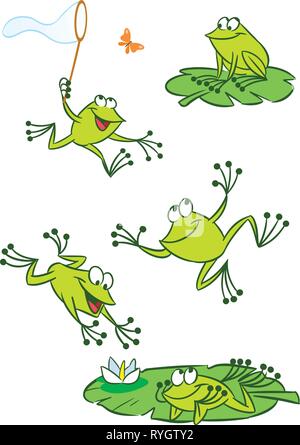 Die Abbildung zeigt einige cartoon Frösche in verschiedenen Posen, sowie Insekten und Seerosen. Lustige Frosch auf einem weißen Hintergrund, sind auf separaten Stock Vektor
