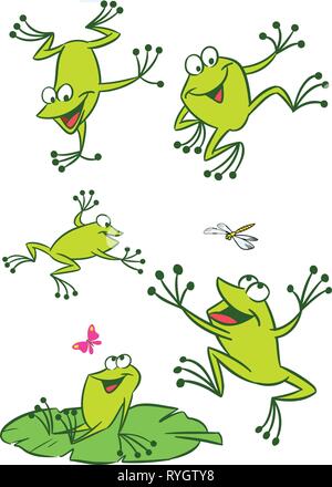 Die Abbildung zeigt einige cartoon Frösche in verschiedenen Posen, sowie Insekten und Seerosen. Lustige Frosch auf einem weißen Hintergrund, sind auf separaten Stock Vektor