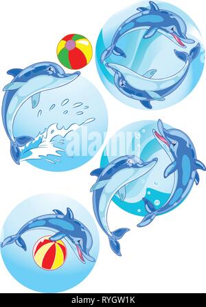 Die Abbildung zeigt ein paar Delfine spielen in der Kugel. Abbildung im Cartoon Stil gemacht, und auf separaten Layern. Stock Vektor