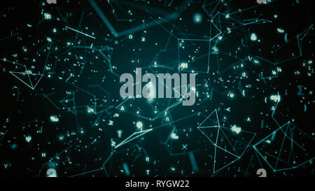 Digitaler mathematischer Symbole 3D-Abbildung. Abstrakte futuristischen Hintergrund mit Mathe und Physik Symbole und Mesh Network Grid. 4K Wissenschaft Konzept Stockfoto