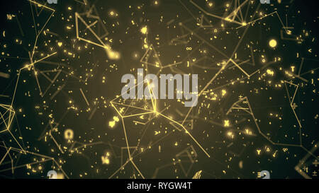 Digitaler mathematischer Symbole 3D-Abbildung. Abstrakte futuristischen Hintergrund mit Mathe und Physik Symbole und Mesh Network Grid. 4K Wissenschaft Konzept Stockfoto