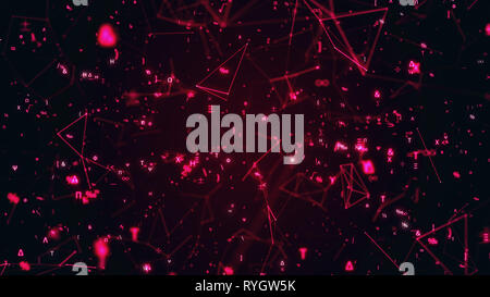 Digitaler mathematischer Symbole 3D-Abbildung. Abstrakte futuristischen Hintergrund mit Mathe und Physik Symbole und Mesh Network Grid. 4K Wissenschaft Konzept Stockfoto