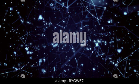 Digitaler mathematischer Symbole 3D-Abbildung. Abstrakte futuristischen Hintergrund mit Mathe und Physik Symbole und Mesh Network Grid. 4K Wissenschaft Konzept Stockfoto