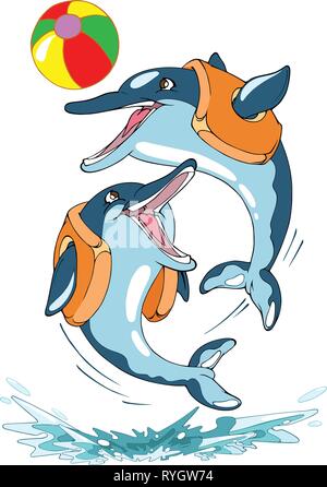 Dolphin taucht aus dem Wasser und das Spiel mit dem Ball. Eine Abbildung ist in Schichten auf einem weißen Hintergrund. Stock Vektor