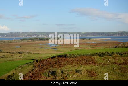 Überblick über die Schafe weiden, landimore Marsh, Whiteford Burrows und die Loughor Mündung, Llanmadoc, die Gower, Wales, Großbritannien, Oktober. Stockfoto