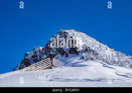 Diesem verschneiten Knoll steht im Gegensatz zu den tiefen blauen Himmel in der Sierra Nevada Mts. Stockfoto