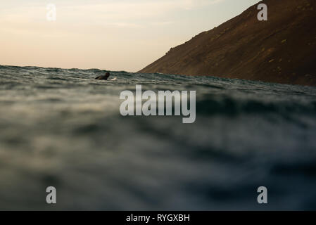 Fuerteventura - März 01, 2019: Surfer wartet auf die Welle auf der Insel Fuerteventura im Atlantischen Ozean Stockfoto