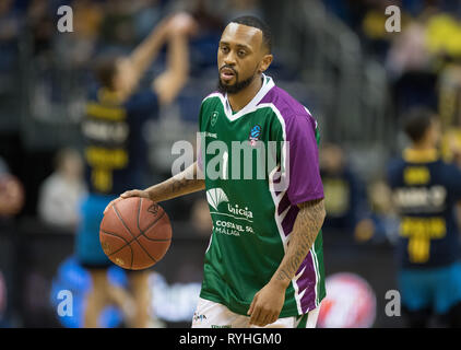Berlin, Deutschland. 13 Mär, 2019. Basketball: Eurocup ALBA Berlin - unicaja Malaga, Endrunde, Viertelfinale, 3. Spieltag. Ryan Boatright von Malaga. Credit: Soeren Stache/dpa/Alamy leben Nachrichten Stockfoto