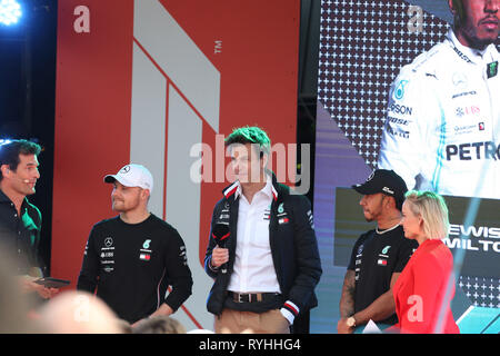 Melbourne, Australien. 14 Mär, 2019. Foto 4/LaPresse 14/03/2019 Melbourne, Australien Sport Grand Prix der Formel Eins, Australien. ,. Veranstaltung in Melbourne, L bis R Valtteri Bottas (FIN) Mercedes AMG W 1 W 10 EQ-Power, Toto Wolff (AUT), Sporting Director Mercedes-Benz und Lewis Hamilton (GBR) Mercedes AMG W 1 W 10 EQ-Kredit: LaPresse/Alamy leben Nachrichten Stockfoto