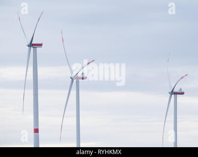 12. März 2019, Baden-Wuerttemberg, Walxheim: Windkraftanlagen des Windparks Nonnenholz im Wind drehen. Foto: Fabian Sommer/dpa Stockfoto