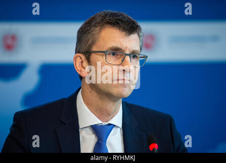 Hannover, Deutschland. 14 Mär, 2019. Friedo de Vries, Präsident des LKA Niedersachsen, spricht bei einer Pressekonferenz über die zunehmende Zahl von Fällen von Kriminellen, die Polizisten ausgeben. Credit: Christophe Kirschtorte/dpa/Alamy leben Nachrichten Stockfoto