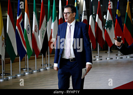 Brüssel, Belgien. 14. März 2019. Gerd Müller, Bundesminister für Wirtschaftliche Zusammenarbeit und Entwicklung von Deutschland kommt in der Internationalen Konferenz über die Zukunft von Syrien und der Region zu besuchen. Credit: ALEXANDROS MICHAILIDIS/Alamy leben Nachrichten Stockfoto