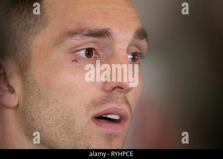 Hensol, Wales, UK. 14. März 2019. George im Norden von Wales steht die Presse nach der Mannschaft wurde angekündigt, Irland im Guinness sechs Nationen Rugby Meisterschaften zu Gesicht. Credit: Mark Hawkins/Alamy leben Nachrichten Stockfoto