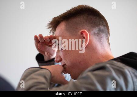 Hensol, Wales, UK. 14. März 2019. Daniel Bart von Wales steht die Presse nach der Mannschaft wurde angekündigt, Irland im Guinness sechs Nationen Rugby Meisterschaften zu Gesicht. Credit: Mark Hawkins/Alamy leben Nachrichten Stockfoto