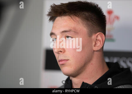 Hensol, Wales, UK. 14. März 2019. Josh Adams von Wales steht die Presse nach der Mannschaft wurde angekündigt, Irland im Guinness sechs Nationen Rugby Meisterschaften zu Gesicht. Credit: Mark Hawkins/Alamy leben Nachrichten Stockfoto