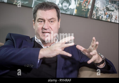 Berlin, Deutschland. 14 Mär, 2019. Markus Söder, Ministerpräsident des Freistaates Bayern und CSU-Vorsitzender, in einem dpa-Interview aufgezeichnet. Quelle: Michael Kappeler/dpa/Alamy leben Nachrichten Stockfoto