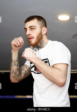 Hilton Hotel Liverpool, Liverpool, UK. 14 Mär, 2019. Matchroom Boxen, Liam Smith gegenüber Sam Eggington öffnen Training; ehemalige Europäische welterweight Champion Sam Eggington auf der heutigen offenen Training vor seinem Kampf bei M&AMP;s der Stadt Bank Arena am 30. März gegen den ehemaligen WBO-Weltmeister Super-Welterweight Liam Smith Credit: Aktion plus Sport/Alamy leben Nachrichten Stockfoto