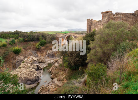 Vulci (Italien) - die mittelalterliche Burg von Vulci, heute Museum, mit Brücke des Teufels. Vulci ist ein etruskischen Ruinen Stadt in der Region Latium, in der fiora Fluss Stockfoto