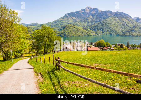 Blick auf Alm, österreichische Stadt St. Gilgen am Wolfgangsee, Schafberg. Beliebte touristische Destination in der Landschaft in der Nähe von Salzburg. Stockfoto