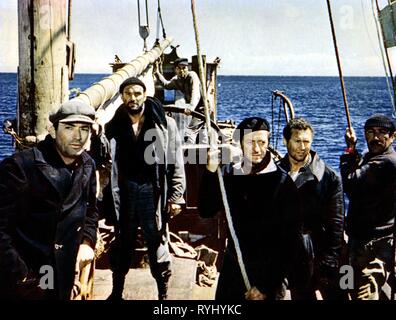 GREGORY PECK, STANLEY BAKER, JAMES DARREN, David Niven, Anthony Quayle, Anthony Quinn, die Kanonen von Navarone, 1961 Stockfoto