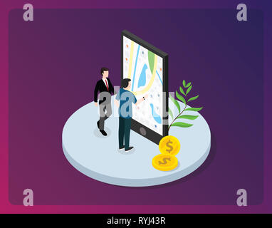 Ein Mann Menschen Zugang wireless Geo geographische Karten Lage auf dem Smartphone Apps mobile Navigation mit isometrischen Stil-Vector Illustration Stockfoto