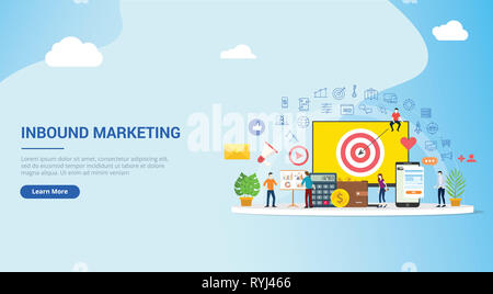 Website Design Startseite ui ux für Inbound Marketing Konzept Strategie Team gemeinsam mit großen Bildschirm Ziele und Grafik und Symbol verteilt - Stockfoto