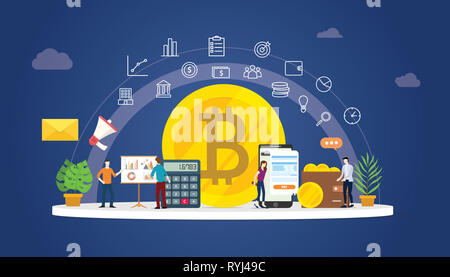 Bitcoin cryptocurrency digitale Geld Geschäft mit gold coin Symbole und Team Menschen zusammen, um Investitionen zu verwalten - Vector Illustration Stockfoto