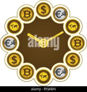 Dollar und Münzen, Bitcoins, Gold, Uhr. Zeit und Geld Konzept auf weißem Hintergrund. Financial Concept Design. Stock Vektor