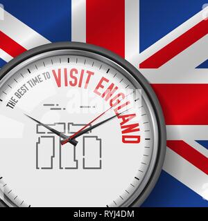Die beste Zeit für den Besuch in England. Weiß Vektor Uhr mit Motivations Slogan. Analog Metall mit Glas. Vector Illustration auf Britische Flagge Stock Vektor