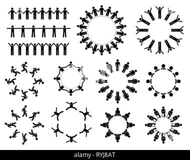 Gruppe von Menschen im Kreis. Abbildungen zeigt viele Menschen halten sich an den Händen, um Laufen, springen, sitzen und feiern gemeinsam in einem runden Kreis Stock Vektor