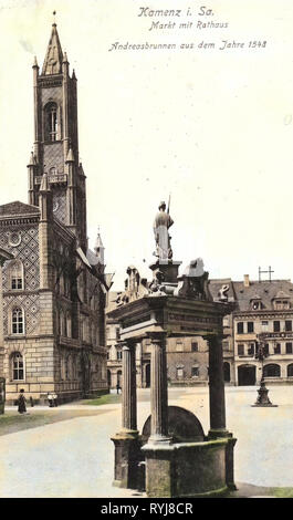 Rathäuser in Kamenz, Andreasbrunnen (Kamenz), Marktplätze in Sachsen, 1909, Landkreis Bautzen, Markt 14 (Kamenz), Kamenz, Markt mit Rathaus, Deutschland Stockfoto